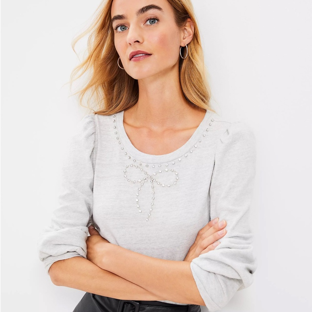 Sparkle Bow Cozy Puff Sleeve Sweatshirt